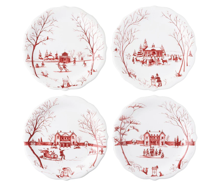 Juliska Country Estate Winter Frolic ''Mr. and Mrs. Claus'' Ruby Party Plates - S/4