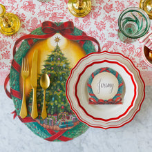 Load image into Gallery viewer, Hester &amp; Cook Red and white Regal Peacock Runner with a Christmas place setting 
