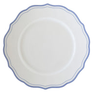 white plate with scalloped edge two lines of light blue along the edge