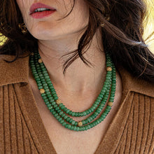 Load image into Gallery viewer, woman wearing Triple strand necklace of green jade and gold accents 
