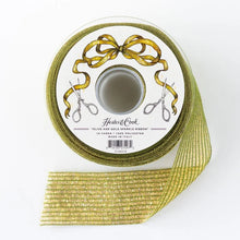 Load image into Gallery viewer, Hester &amp; Cook Fancy Sparkle Ribbon green and gold on a spool

