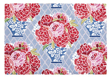 Load image into Gallery viewer, Chinoiserie Hook Rug with blues, red and pinks pattern
