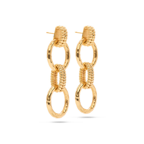 gold earrings with three hoops connected to a post back