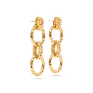 gold earrings with three hoops connected to a post back