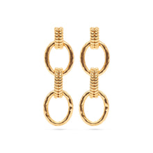 Load image into Gallery viewer, gold earrings with three hoops connected to a post back
