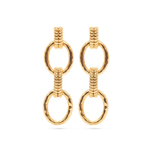 gold earrings with three hoops connected to a post back