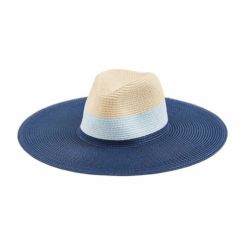natural, light blue and dark blue hat with wide brim