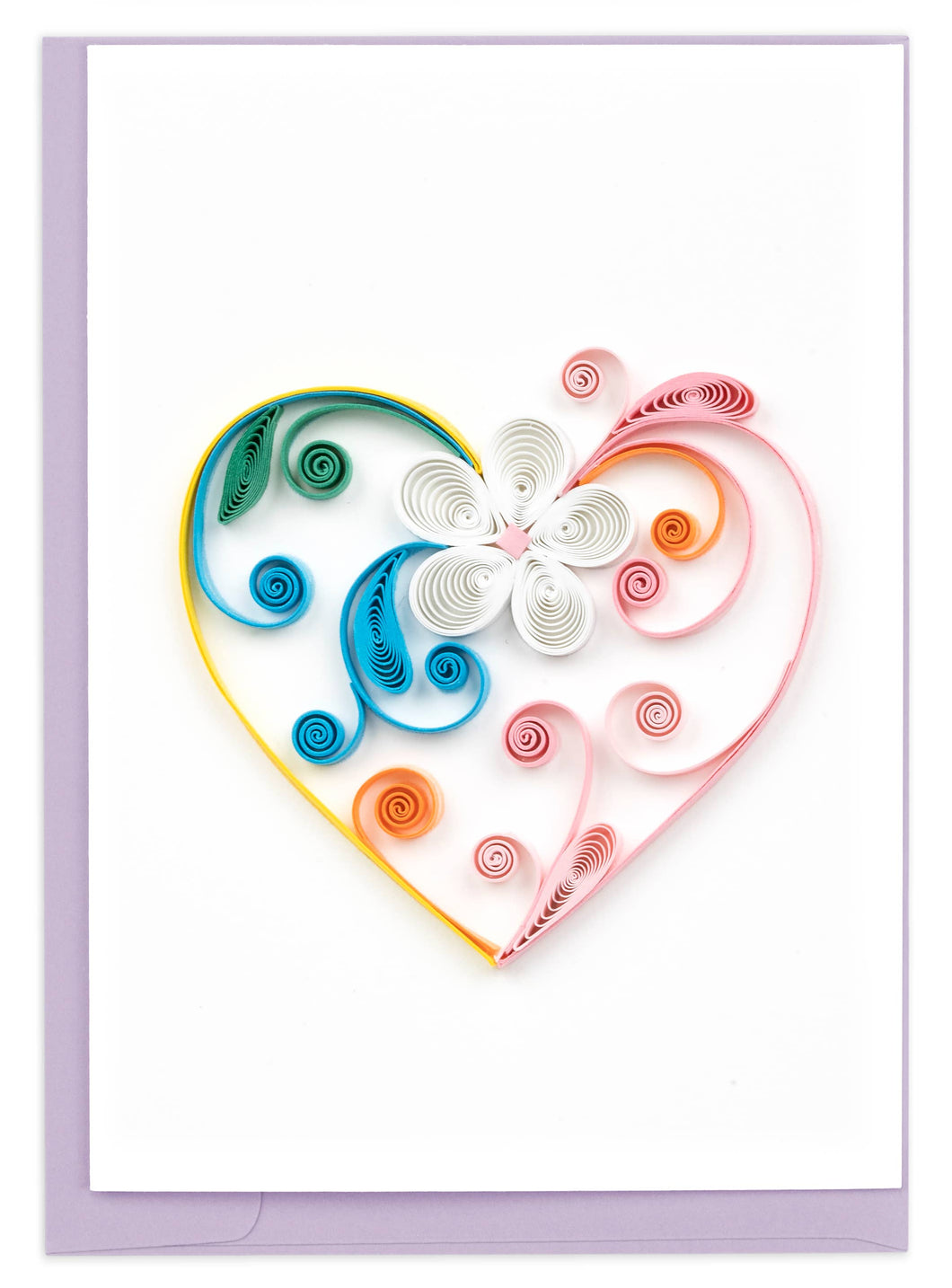 quilled heart in green blue yellow orange and pink with a white flower