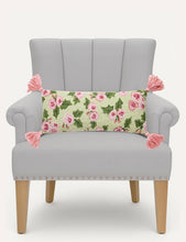 Load image into Gallery viewer, Cottage Charm Roses w/Tassels Hook Pillow on a chair
