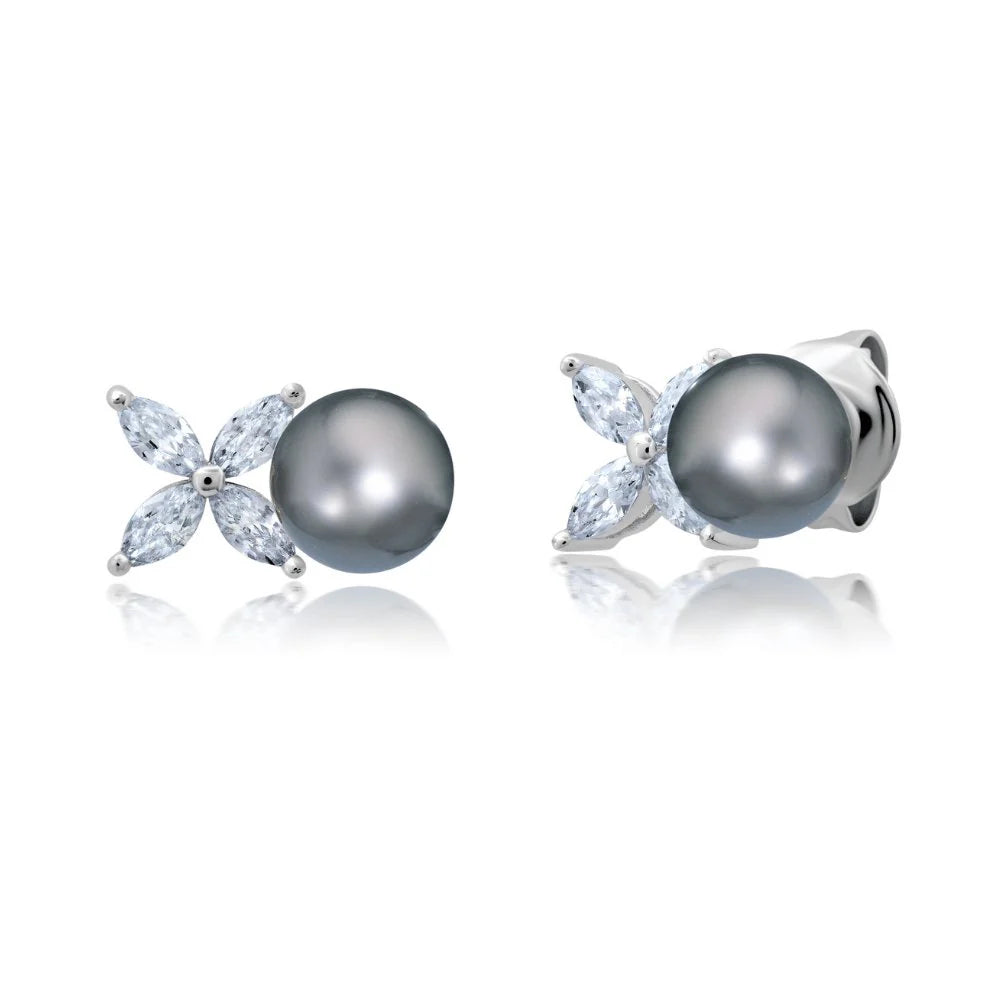 Crislu XOXO Grey Pearl Earrings Finished in Pure Platinum