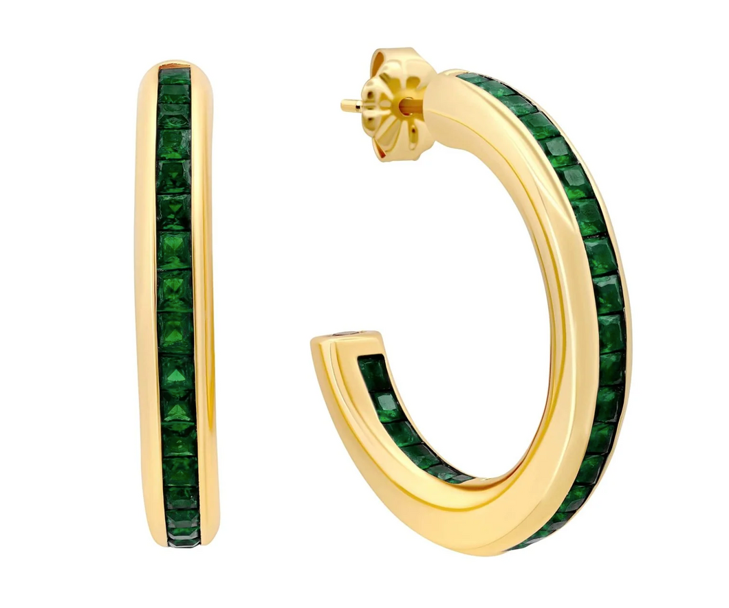 Crislu Princess Cut Emerald Color Hoop Earrings