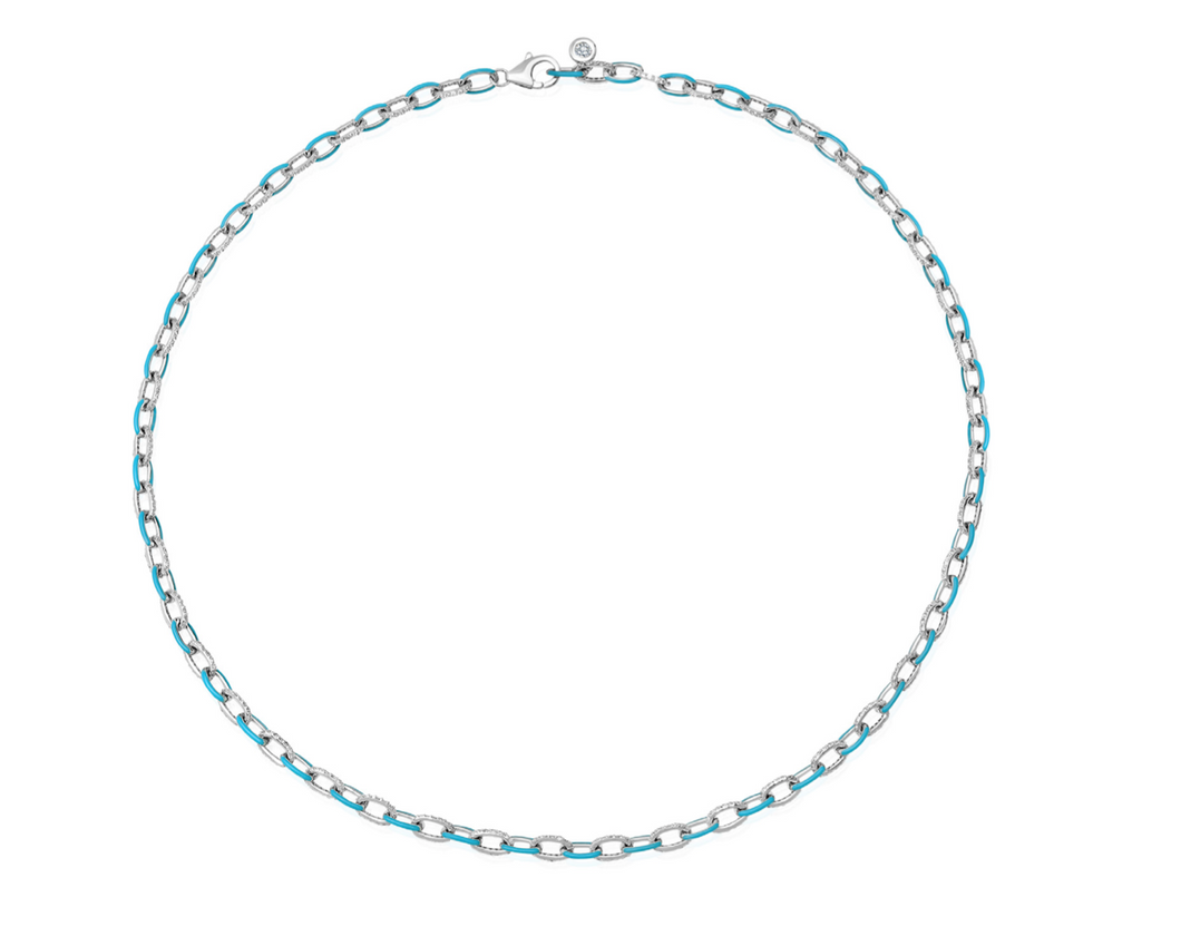 Crislu Platinum Glaze Blue Enamel Chainlink Necklace