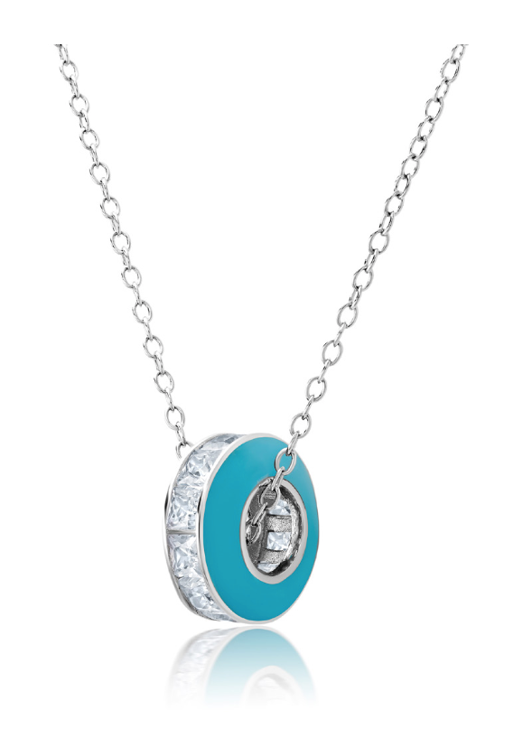 Crislu Platinum Glaze Blue Enamel Circle Necklace