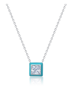 Crislu Platinum Glaze Blue Enamel Square Solitaire Necklace