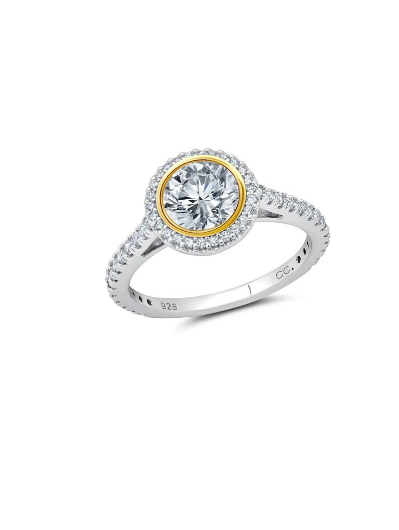 Crislu Ray-diance Two-Tone Halo Ring Finished in Platinum & 18kt Yellow Gold