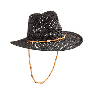 black hat with wood and shell strap