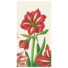 Load image into Gallery viewer, Hester &amp; Cook Amaryllis Blooms Paper Napkins guest towel size with red and white flower
