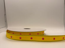 Load image into Gallery viewer, Dot Stitch Ribbon - Yellow w/ Pink Dots - 5/8" Wide - By the Yard
