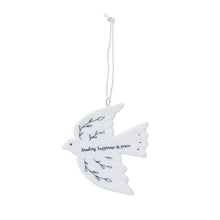 Load image into Gallery viewer, Dove-Shaped Ornament with simple leaf design and text Sending happiness and peace
