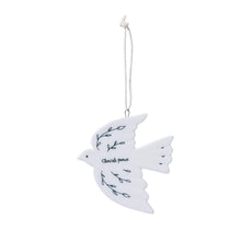 Load image into Gallery viewer, Dove-Shaped Ornament with simple leaf design and text Cherish peace
