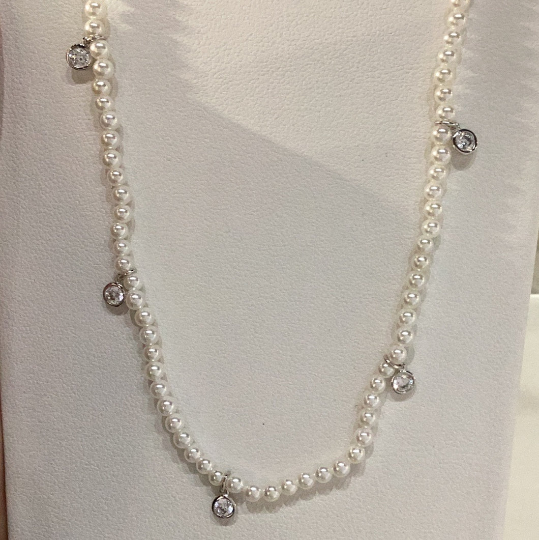 Crislu Pearl Adjustable Necklace with 5 CZ Drop Finished in Pure Platinum