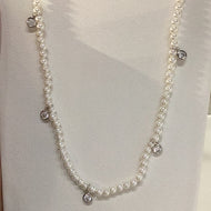 Crislu Pearl Adjustable Necklace with 5 CZ Drop Finished in Pure Platinum