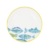 Vietri Elba's Fish Dinner Plate white plate with yellow border and several blue yellow and white fish painted design