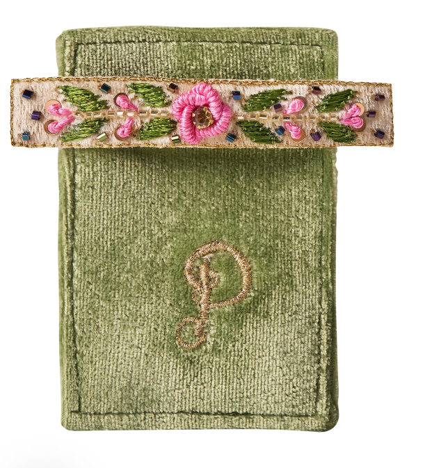 Powder Embroidered Barette - Mint Floral Vine