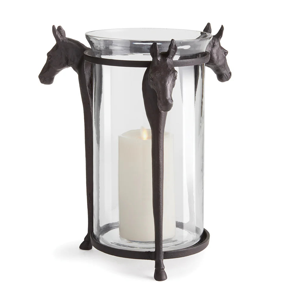 glass and metal hurricane with horse head accents 