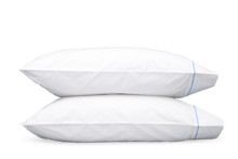 Load image into Gallery viewer, Two pillows with Matouk Essex pillowcases with two simple lines of embroidery in azure blue, one line a slightly lighter shade than the other
