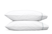 Load image into Gallery viewer, Two pillows with Matouk Essex pillowcases with two simple lines of embroidery in pool blue, one line a slightly lighter shade than the other
