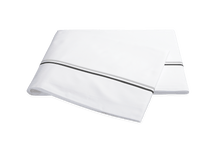 Load image into Gallery viewer, Matouk Essex flat sheet with two simple lines of embroidery in Charcoal, one line a slightly lighter shade than the other
