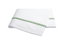 Load image into Gallery viewer, Matouk Essex flat sheet with two simple lines of embroidery in green, one line a slightly lighter shade than the other
