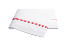 Load image into Gallery viewer, Matouk Essex flat sheet with two simple lines of embroidery in Hibiscus red/pink, one line a slightly lighter shade than the other
