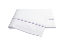 Load image into Gallery viewer, Matouk Essex flat sheet with two simple lines of embroidery in lilac purple, one line a slightly lighter shade than the other
