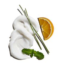Load image into Gallery viewer, lotion with Peppermint leaf, bamboo shoots, and slice of orange 
