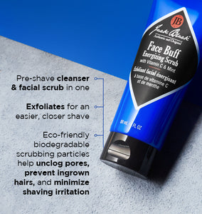 graphic with information about Jack Black Face Buff Energizing Scrub