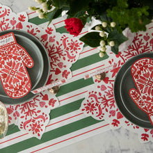 Load image into Gallery viewer, Hester &amp; Cook Green &amp; Red Awning Stripe Runner set on a Christmas table
