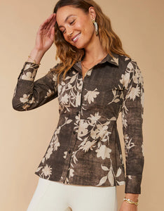 Spartina 449 Farrah Poplin Blouse Botanic Garden Floral Cascade Gray