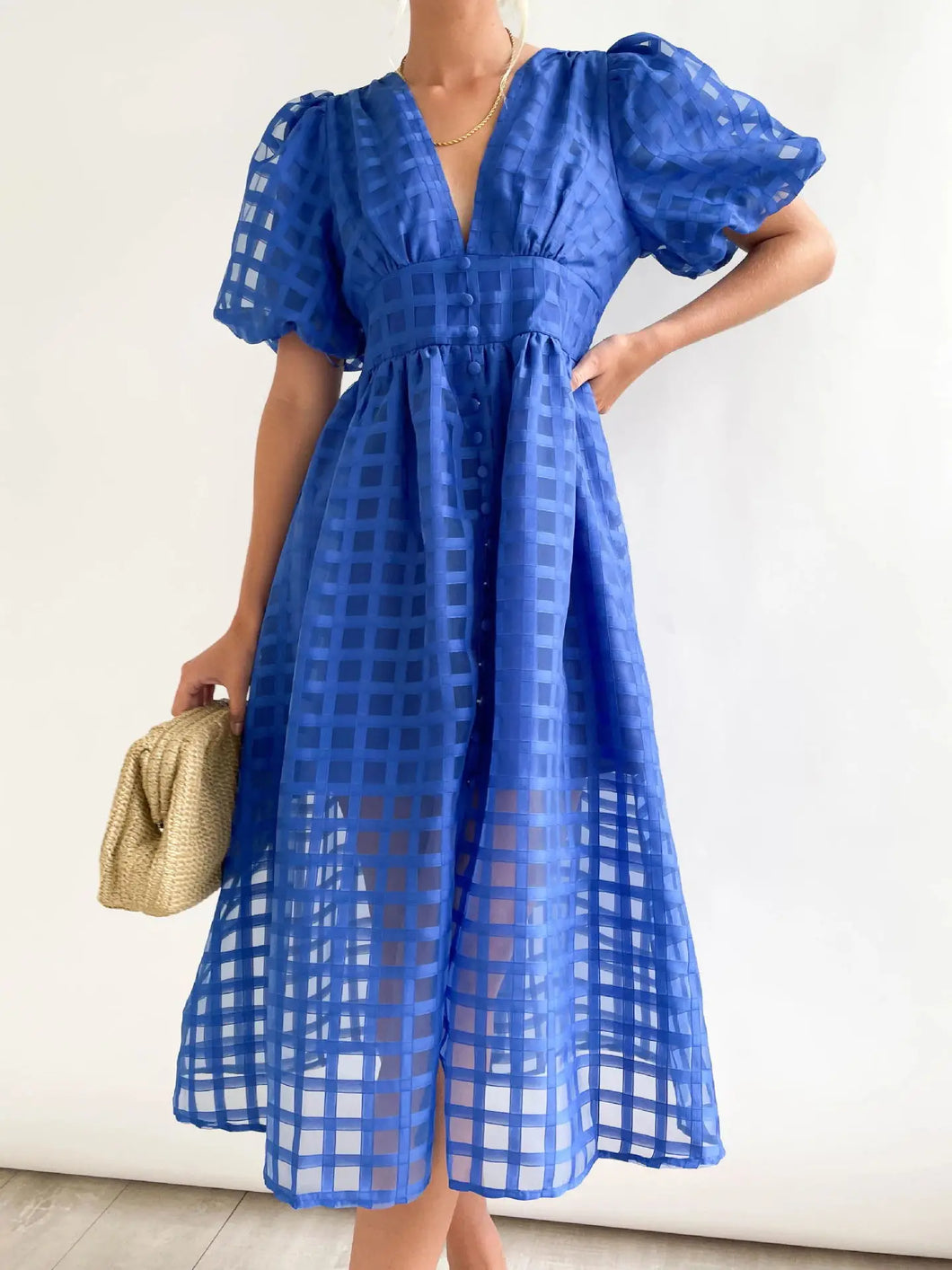 Balloon Sleeve Dress with Window Pane Overlay - Royal Blue