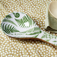 Load image into Gallery viewer, Close up of wood spoon rest with white and green pattern
