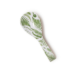 wood spoon rest with white and green pattern