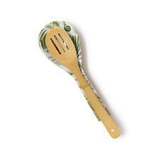 Load image into Gallery viewer, wood spoon rest with white and green pattern with a wooden spoon sitting on it

