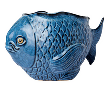 Load image into Gallery viewer, Blue ceramic fish-shaped planter on a white background
