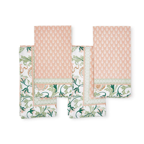 four pink green and white napkins