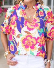 Load image into Gallery viewer, Floral Split Neck Frilled Blouse - Rose Red - FINAL SALE
