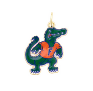 Green alligator pendant with orange shirt and 'F' logo on a white background