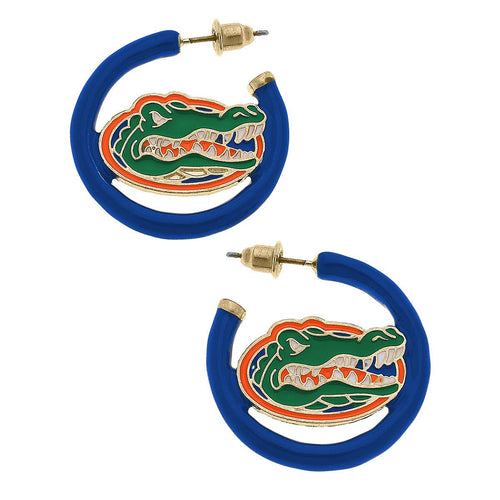 Blue and gold hoop earrings with gator head logo