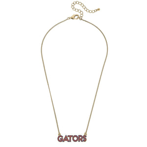 thin chain necklace with pendant that reads Gators in orange and blue enamel  