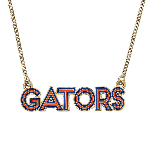 necklace with pendant that reads Gators in orange and blue enamel  